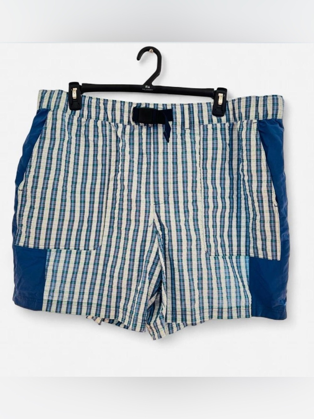 Free Assembly Men 2XL XXL Utility Shorts Blue Plaid Belted Explorer Patchwork